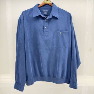 John Blair Mens Shirt XL Blue Velour Banded Long Sleeve Pullover Pocket Vintage
